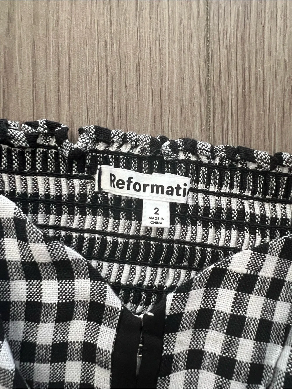 Reformation Black & White Gingham Puff-Sleeve Zip Crop Top